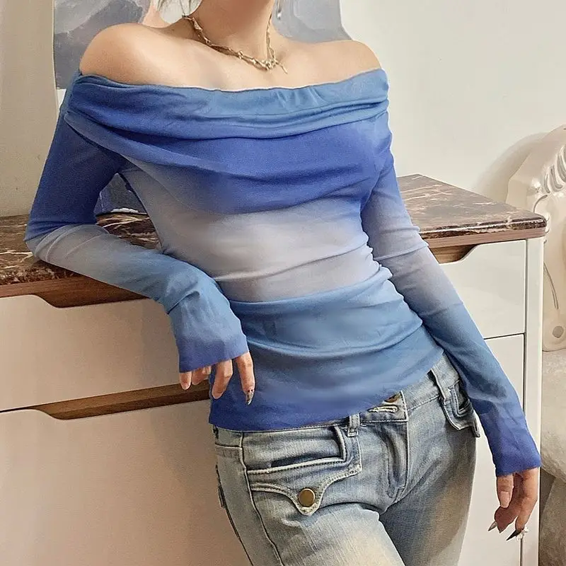Spring Autumn Fashion One Shoulder Long Sleeved Women's Clothing Graffiti Casual All Match Slim Y2K Tees Female Clothes T-Shirts