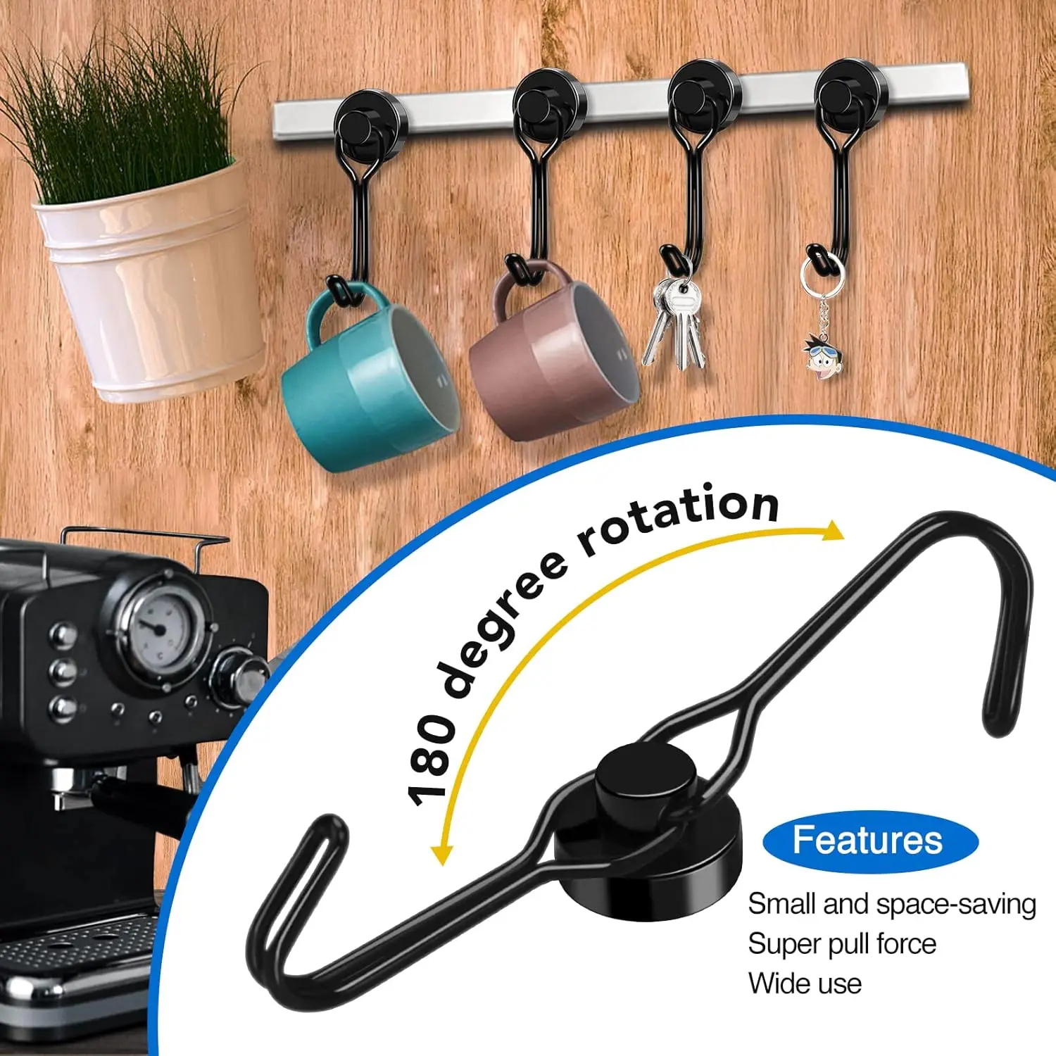 Black Heavy-Duty Swivel Magnetic Hooks - Rust-Proof for Kitchen and Outdoor Use