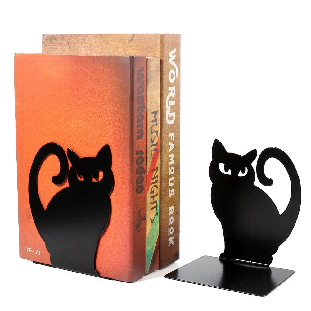 2pcs Black Cat Bookend File Stands Desktop Non-skid Bookshelf Ends Organizer Reading Metal Bookends Holders Decorative Iron