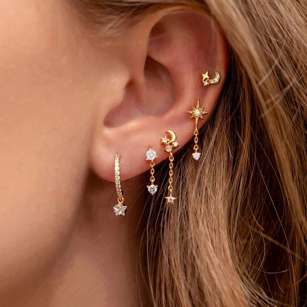 Boucles d'oreilles JOHoop en acier inoxydable pour femme, bijoux de piercing au cartilage, pendentif unique étoile et lune, zircon cubique contre-indiqué, 1PC