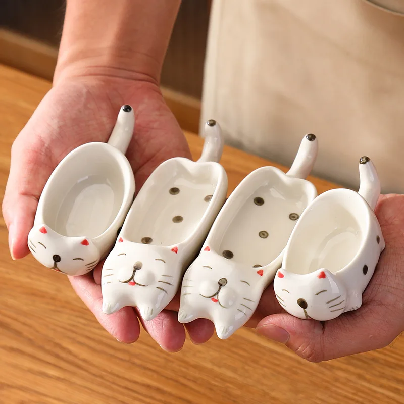 1/2 Pcs Kitchen Ceramic Dipping Bowls Seasoning Plate Cute Animal Cat Shape Tableware