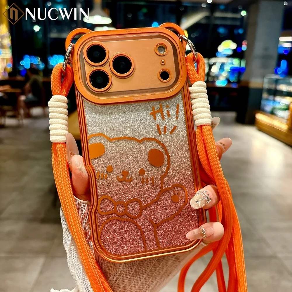 Orange mignon ours oreille placage Transparent longue lanière étui pour iPhone 17 Pro Max 17Pro 17 Air clair doux TPU antichoc couverture