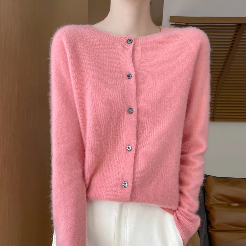 Fall/Winter 2024 new 100% Merino wool knitted round neck cardigan loose slim fashion solid color commuter sweater coat 3