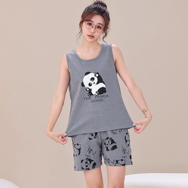 Summer Vest Pajamas For Young Girls Sleepwear Cartoon Print Shorts Set Sleeveless Night Wear Big Yards M-XXXL Female Sleep Wear - 5