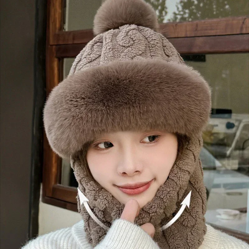 Winter Knitted Hat Scarf Mask One-Piece Plush Pompom Beanies for Women Fleece Lining Warm Bonnet Ears Neck Protection Skiing Cap 3