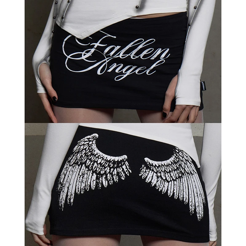 Women's Casual Punk Skirt Black Embellished & Wing Print Low Rise Slim Fit Bodycon Mini Skirt 2026 Women's Clothing Skirts 1