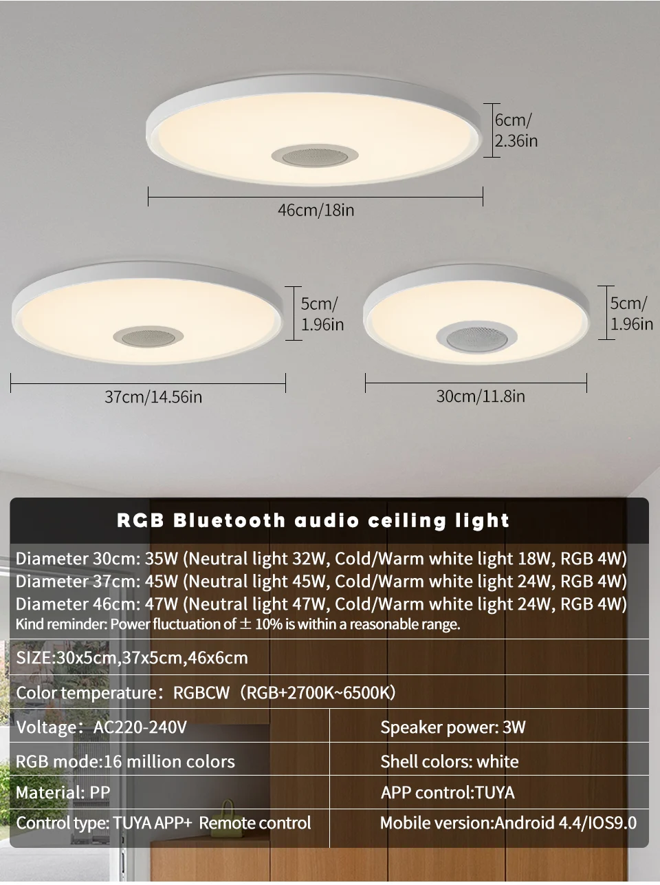 MING&BEN TUYA Smart RGB-Deckenleuchte, LED-Musikleuchte mit Lautsprecher, Dimmer, APP-Fernbedienung, Deckenleuchte für Schlafzimmer, Heimdekoration – Detail 13