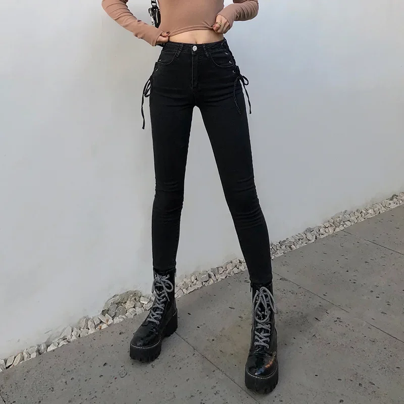 2021 Korean Chic Black Denim Jeans Women's Fall and Winter Side Straps Tight Thin Pencil Pants Foot Pants Female Solid Trouser high waist and small feet jeans women s 2021 new autumn autumn and winter elastic slim fit thin tight pencil pants fashion