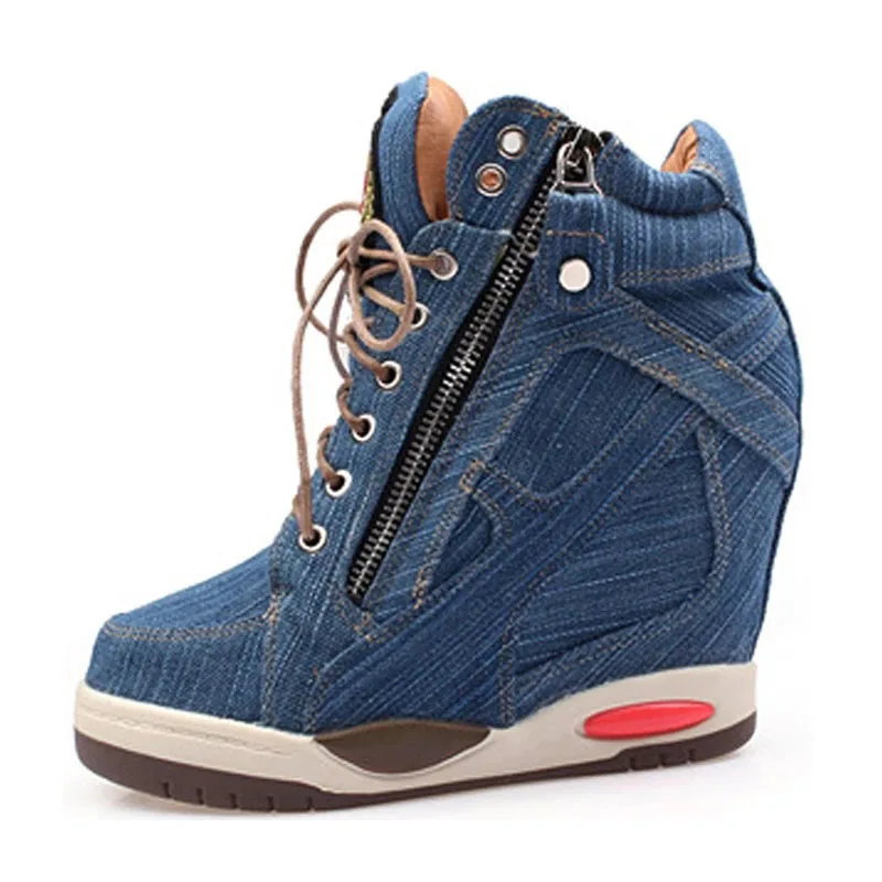 

Comem Platform Casual Fashion Woman Zipper Vulcanized Shoes Thick Bottom Big Size 41 Women's Denim Wedges High Top Sneakers