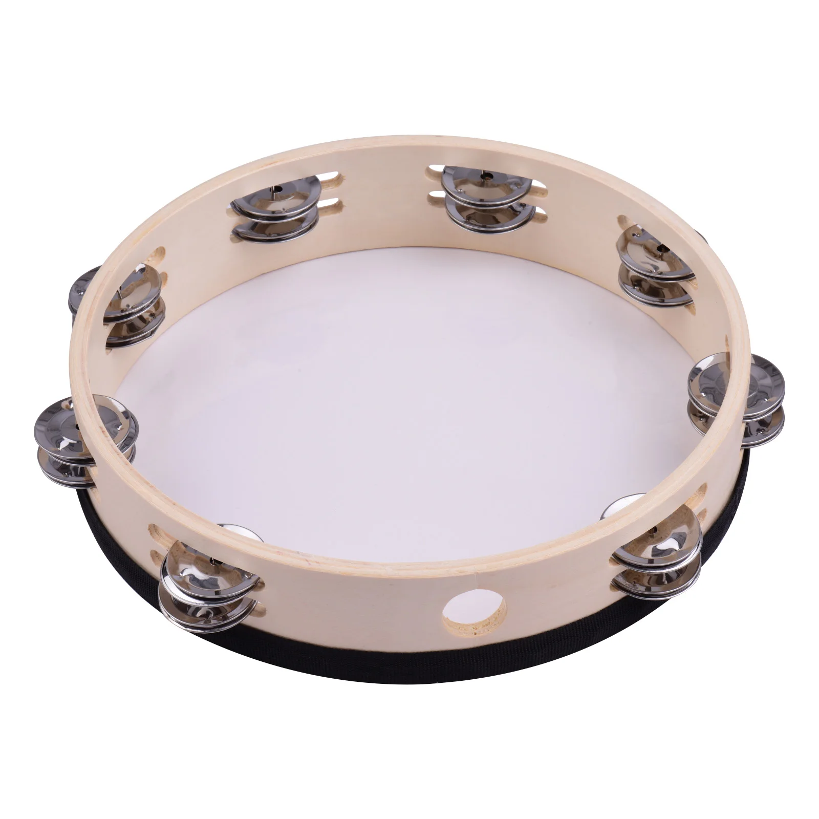 10 Inch Wooden Rdiant Tambourine Handbell Hand Drum with Double Row Jingles Reflective Drum Head Percussion Instrument Kids Toy