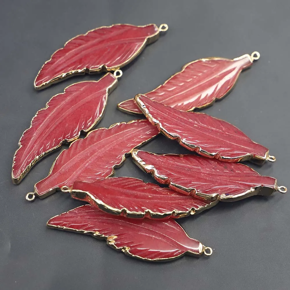 Natural Stone Red Leaf Feather Shape Necklace Pendant Sweater Chain Stylish Charm Fashion DIY Jewelry Accessories Wholesale 4Pcs