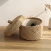 Wicker Seagrass Flower Pot Boxes Sundries Storage Baskets With Lids Weaving Snack Storage Box Jute Wardrobe Table Round Gift Box 1