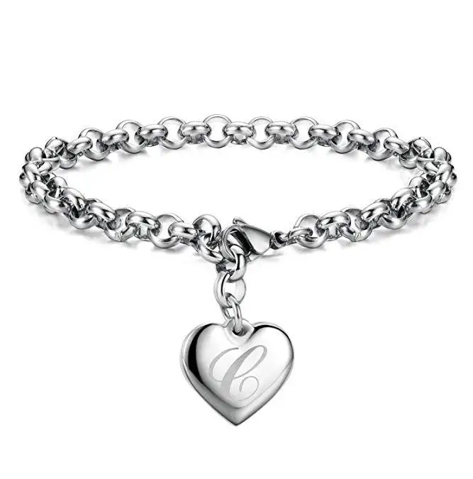 925 Sterling silver Fine 26 Letter women men chain Bracelet Charm Heart Cute wedding Personality Jewelry lady gift party 20cm