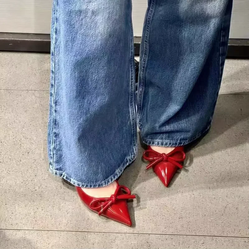 Red bow slingback women high heels pointed toe patent leather autumn