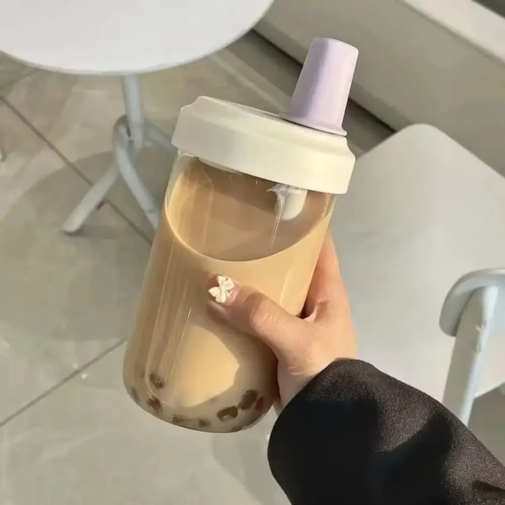 Cute Pearl Milk Tea Straw Plastic Water Bottle with Cup Cover - Drop-proof, Large Capacity Drinkware