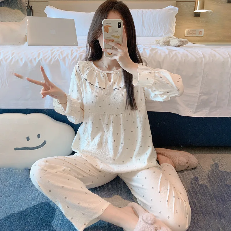 Round Neck Minimalist Pajamas New Nine Quarter Sleeved  Pants Two-piece Set Cloud Cotton Home Wear Spring Women's Casual Clothes