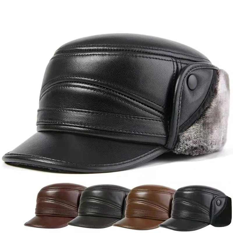 

Winter Men's Leather Hat Thicken Leather Sheepskin Baseball Caps With Ears Warm Snapback Dad's Hats Sombrero De Cuero Del Hombre