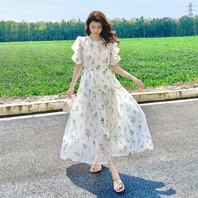 

Retro Puff Sleeve Mid-Length Floral Skirt Summer Korean-Style Elegant Lace-up Slimming Dress