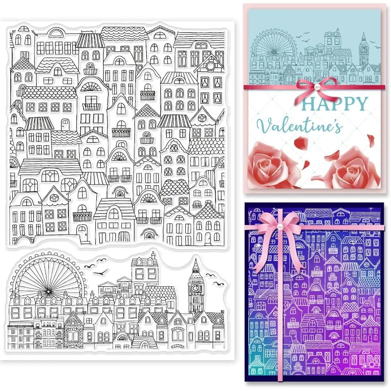 City Block Background Clear Stamp Ferris Wheel Transparent Silicone Stamp Cartoon House Rubber for Scrapbook Journal Card
