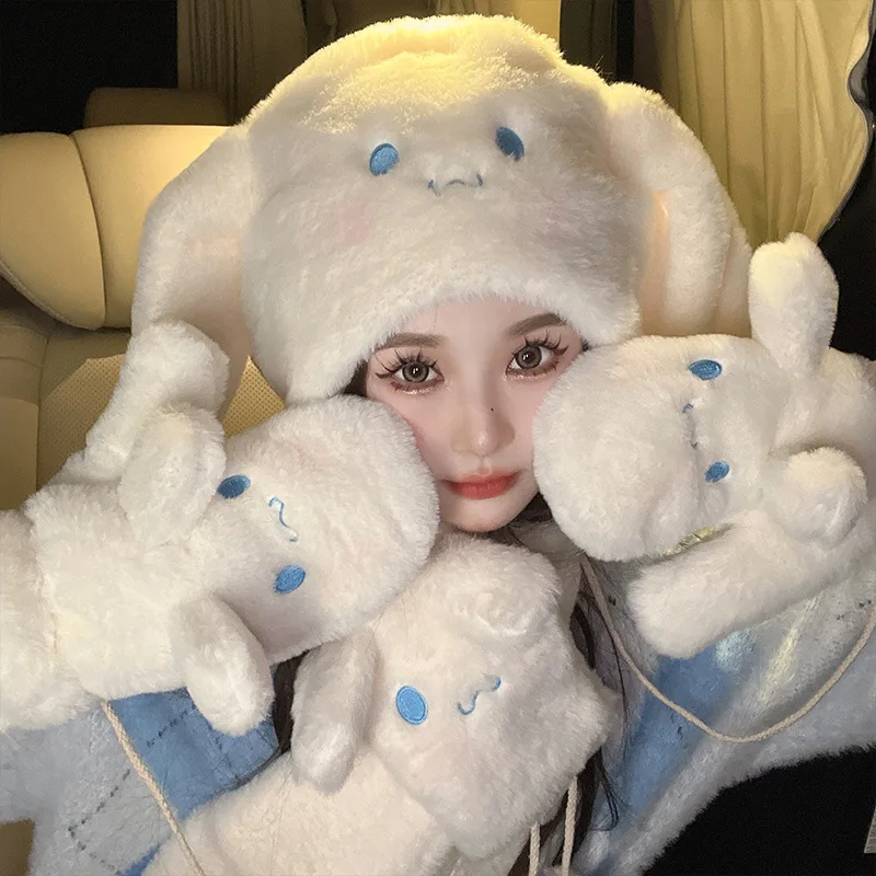 

3pcs/set Disney Sanrio Cinnamoroll cute little white dog warm ear protection three-piece winter gloves scarf cap