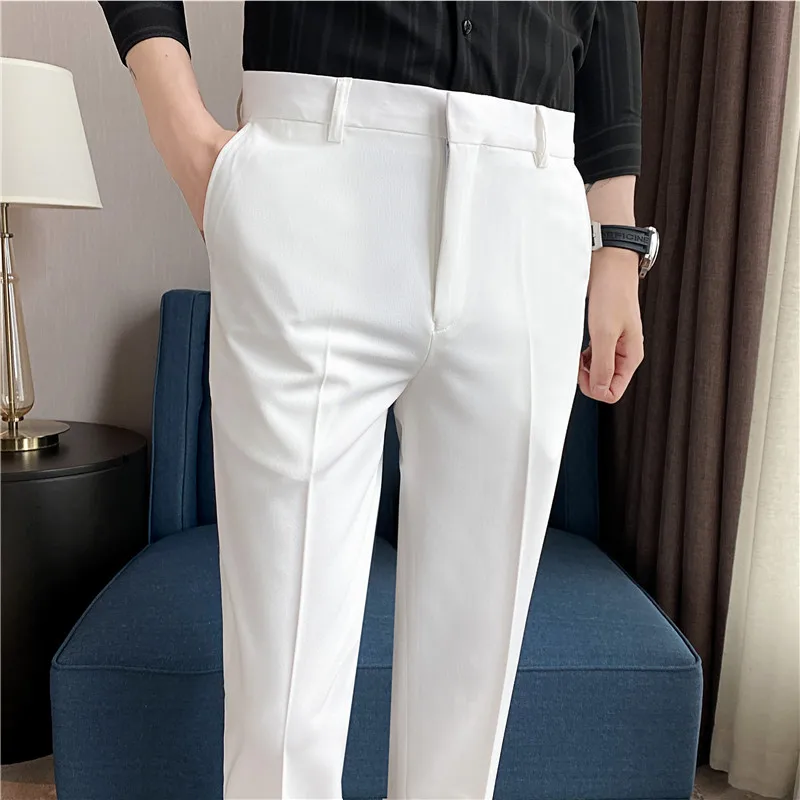 남성 여름 패션 정장 바지, 퓨어 컬러 비즈니스 포멀 팬츠, 슬림핏 오피스 남성 웨딩 소셜 발목 긴 바지, 9 색