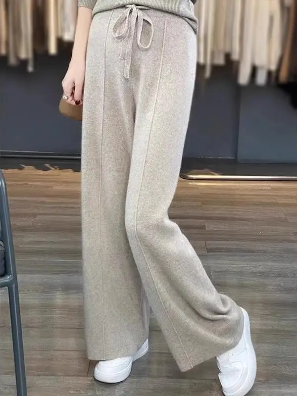 Thiened Wool Knitted Wide Leg Pants High Waist Drapey Narrow Version Floor-Length Straight Tube Pants for Women