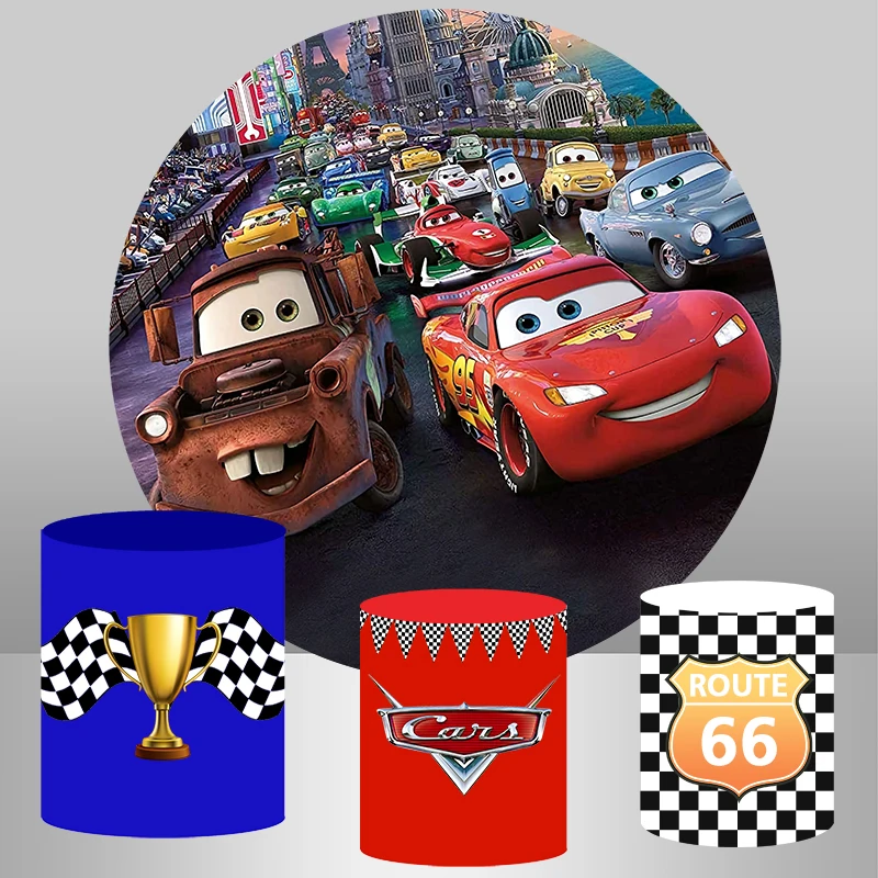 

Movie Cars Round Backdrop Cover for Boys Baby Shower 1st Birthday Party Circle Photography Background Cylinder Covers