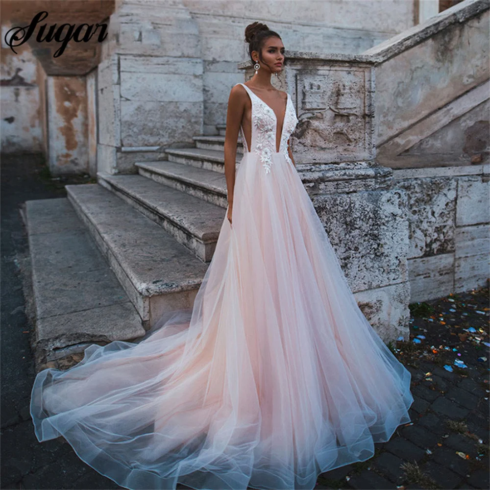 

Pink Princess Wedding Dress Sleeveless Appliqued Lace Bride Dress A-Line Tulle Backless Boho Wedding Gown robe de mariée