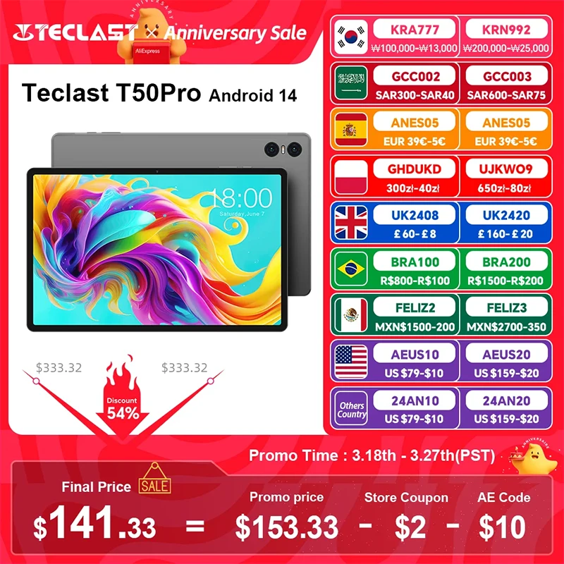 Teclast 고속 충전 태블릿, T50 Pro, T50 Pro, MTKG99, 안드로이드 14, 8GB 및 8GB RAM, 256GB ROM, 4G LTE, C타입, 8000mAh, 18W, PD, 11 인치, 2000x1200 