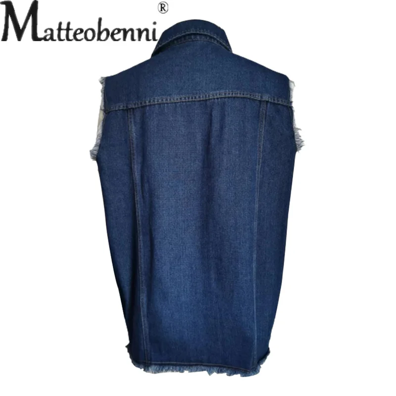 Fashion Broken Holes Shawl Denim Vest Women Single-breasted Splicing Sleeveless Jackets Female Casual Outerwear Trend Streetwear