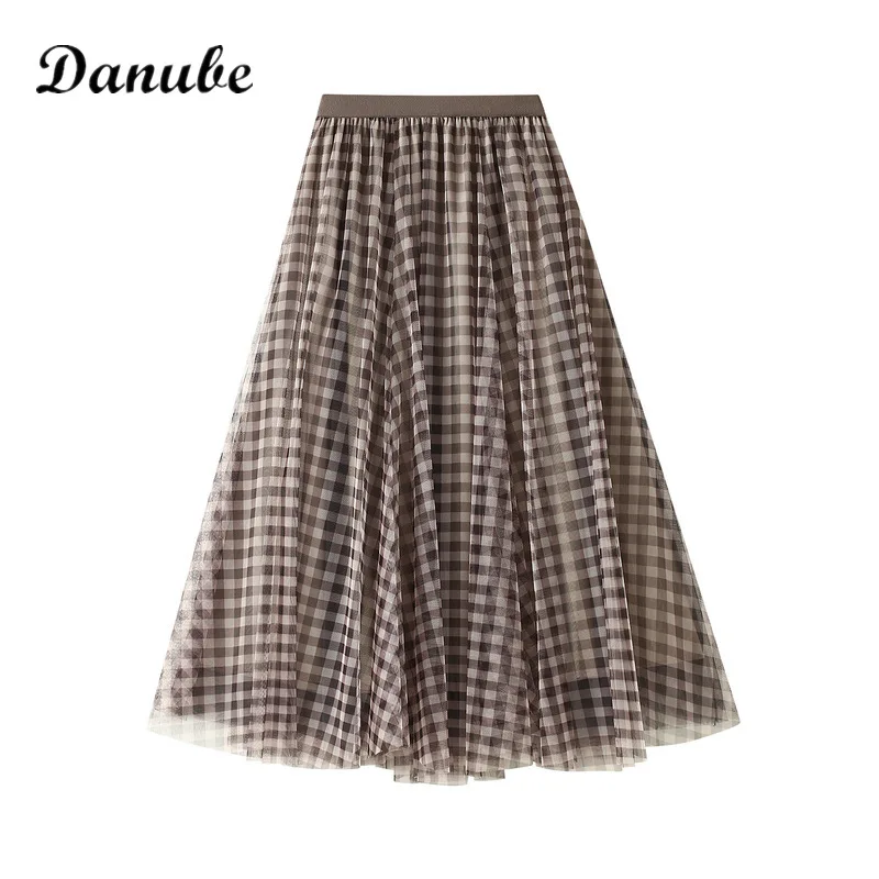 

Vintage Coffee Plaid Tulle Tutu Skirts Women Korean Style Elastic High Waist A Line Mesh Pleated Midi Skirt Female Spring Summer