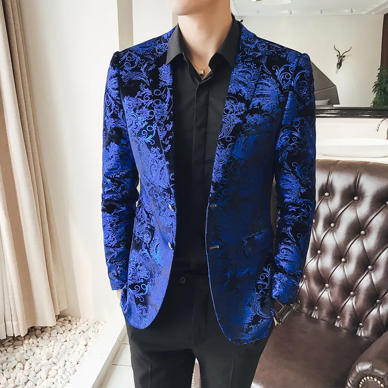 

Gold Cashew Flowers Printed Luxury Blazers Men Slim Fit Silver Stage Costumes For Singers Mens Fashionable Suit Jackets 5XL