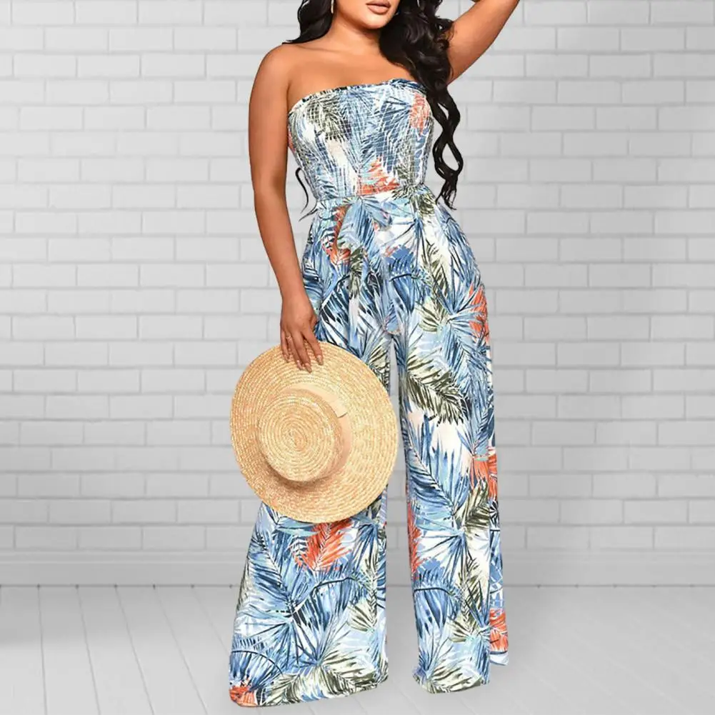 

Jumpsuit Ladies Jumpsuit Floral Print Bandeau Jumpsuit Stylish Vacation Attire with High Waist Wide Leg Backless Design