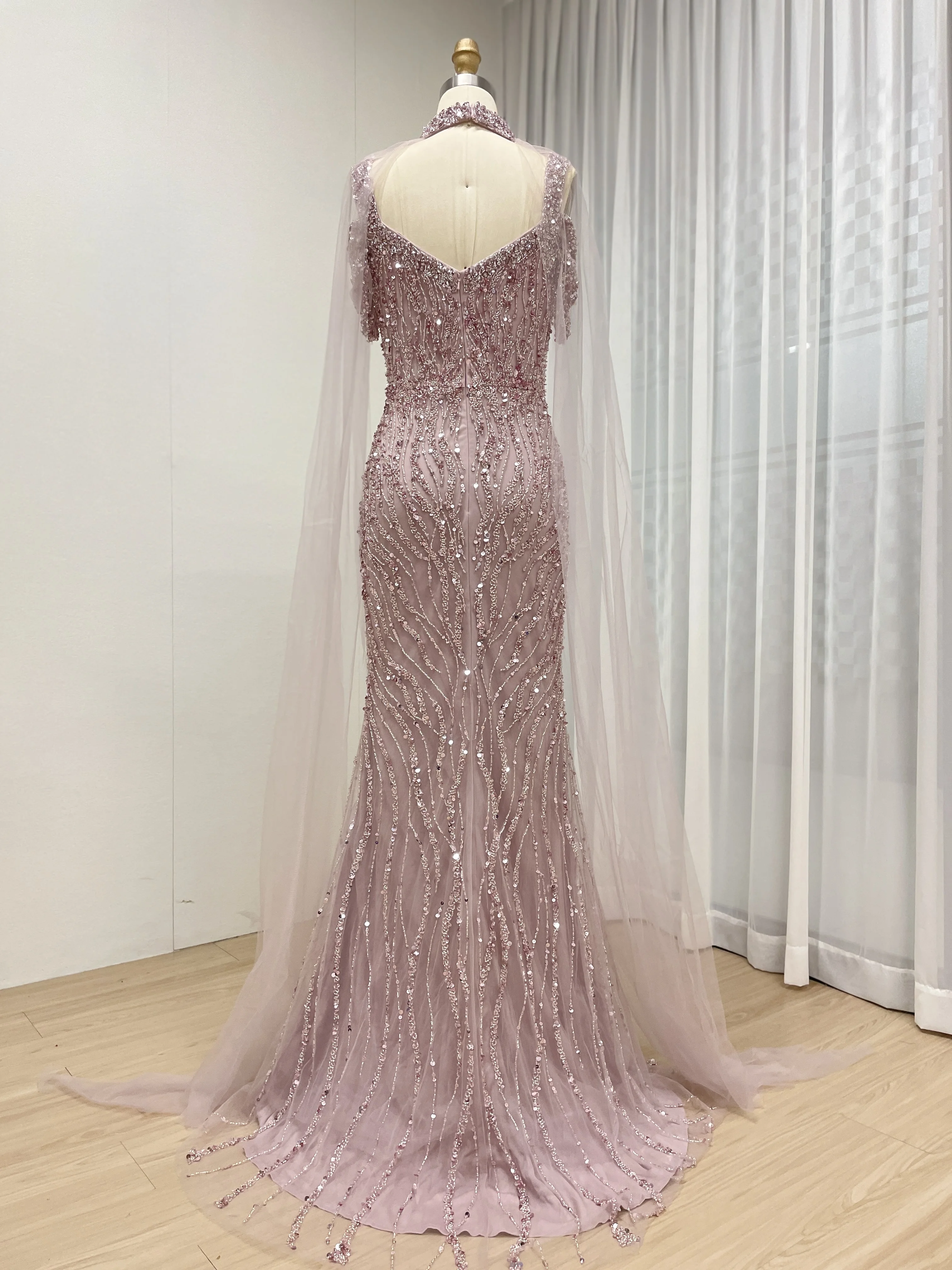 MYMB Luxus Karamell Meerjungfrau Abendkleid Perlen Kleid mit Cape Ärmeln für Frauen Elegante Hochzeit Formale Party neue MB40395 – Detail 9