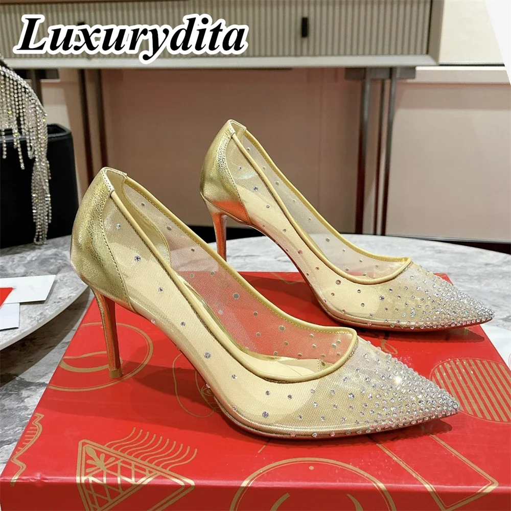 

Роскошные женские сетчатые сандалии LUXURYDITA на высоком каблуке, дизайнерские свадебные туфли на заказ с красным каблуком для вечеринки, H1281
