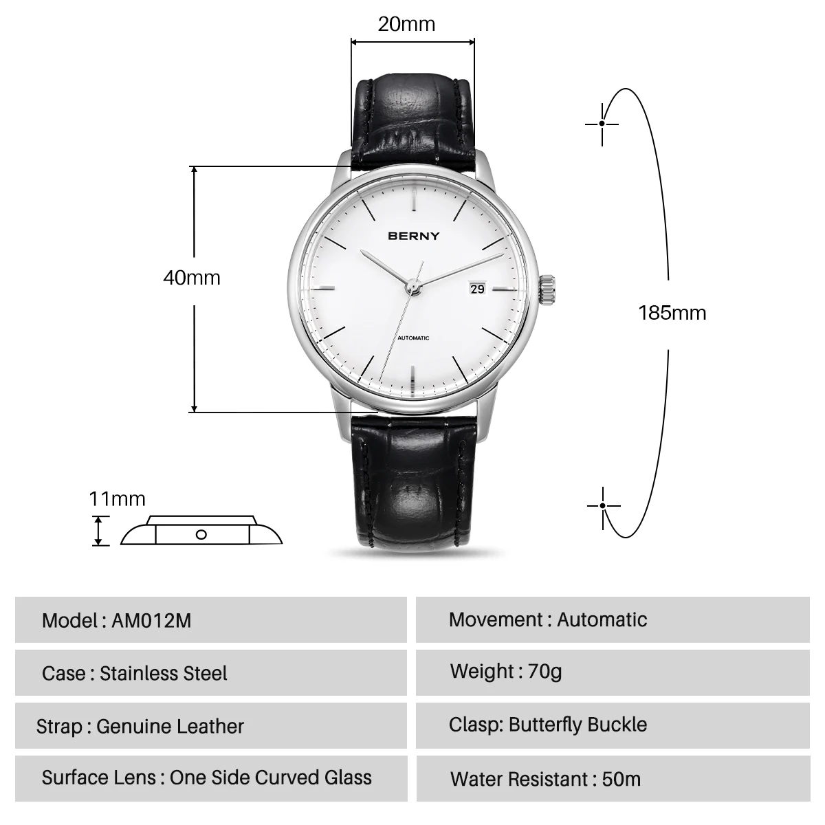 BERNY Automatikuhren für Herren, mechanisch, schlank, luxuriös, Herrenuhr, MIYOTA 9015, 28800 V/H, Datum, minimalistische Armbanduhr, 5 ATM – Detail 7