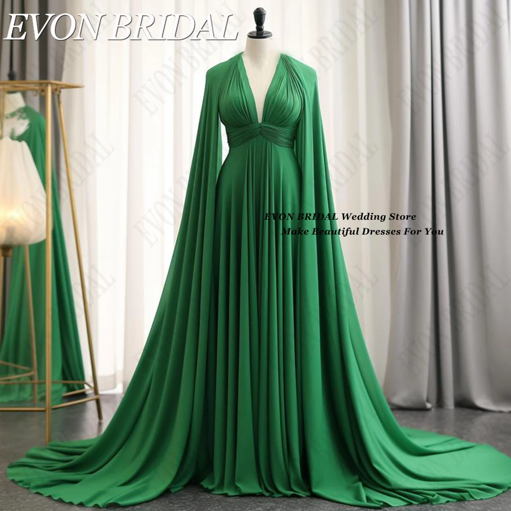 

EVON BRIDAL Long Cape Sleeves Evening Dresses 2024 Green Chiffon Formal Occasion Dresses A-Line Elegant robe de soiree femmes