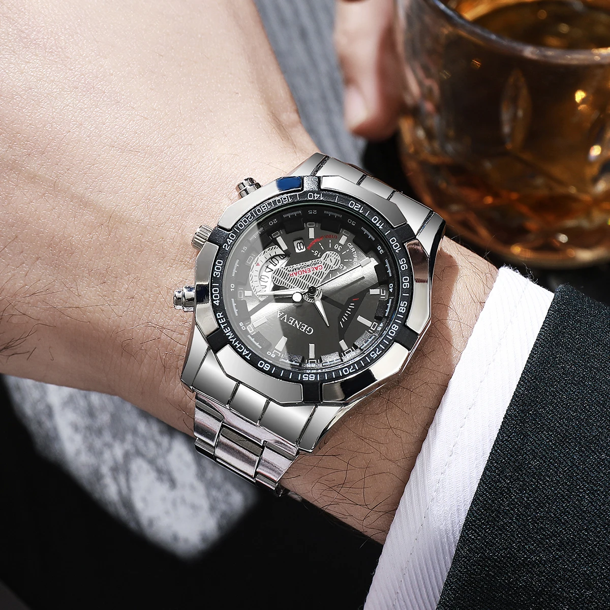 4pcs/set Men's Business Style Watch Simple Casual Scale Dial Men's Luxury Quartz Watch Combination Set (Box Not Included)