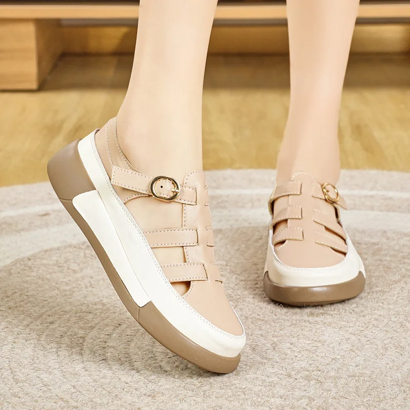 Krasovki 3cm Comfy Moccasins Fashion Cow Genuine Leather Flats Lace Up Chunky Sneakers Women Vulcanize Shoes Sandals Platform 4