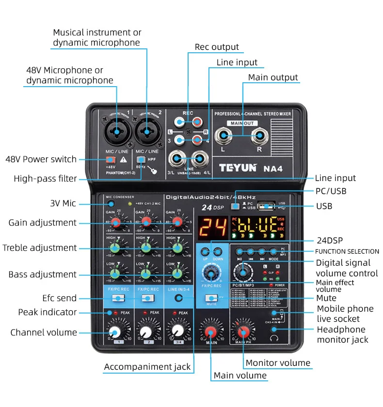 TEYUN NA4 4 Channel audio mixer sound card audio interface for singing