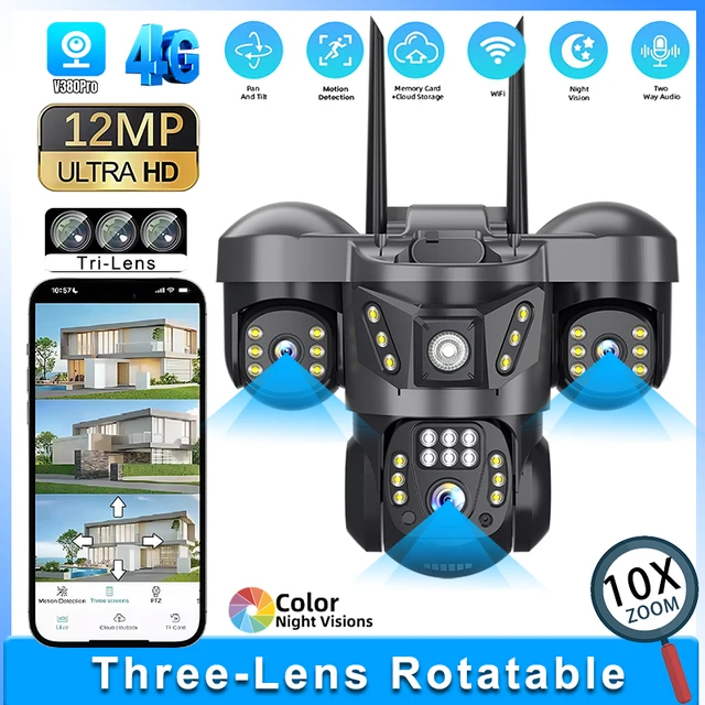 V380 PRO 12MP 6K Three Lens 3-Screen 4G Camera Auto Tracking PTZ Outdoor Security Surveillance Wireless CCTV Monitor Waterproof 1