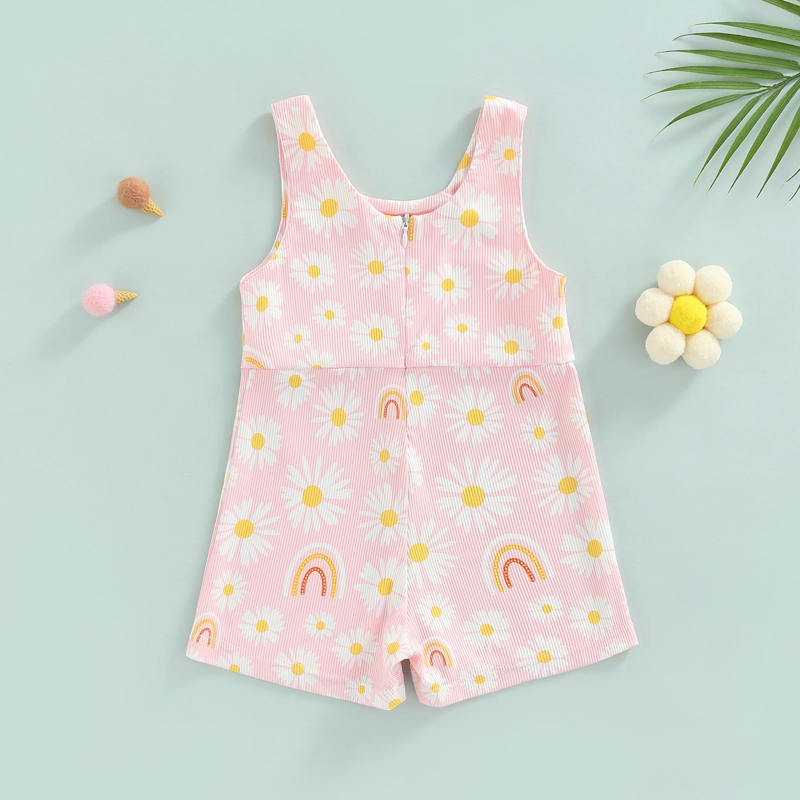 Infant Girl Sleeveless Romper with Flower Rainbow Pattern, Casual Style Loose Version Summer Clothing