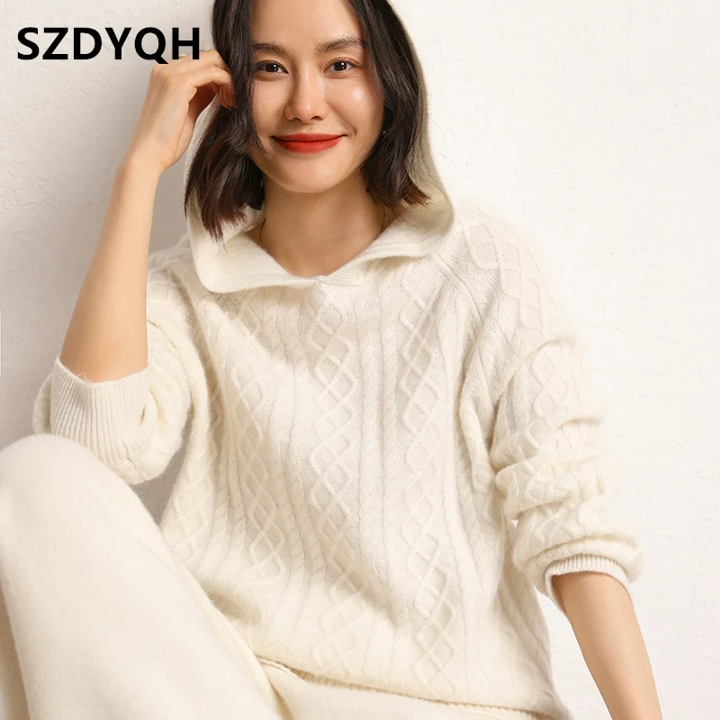 

2023 Spring Winter 100% Pure Cashmere Sweater Women Knitted Hooded Pullovers Loose Lady's Grade Up Long Sleeve Soft Warm Tops