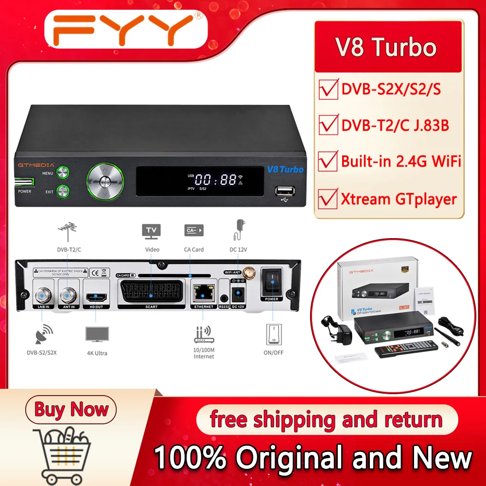 

GTMEDIA V8 Turbo DVB-S2X/T2/C приемник спутникового ТВ 1080P цифровой декодер тюнер M3U H.265 HEVC 10 бит Встроенный 2,4G WiFi