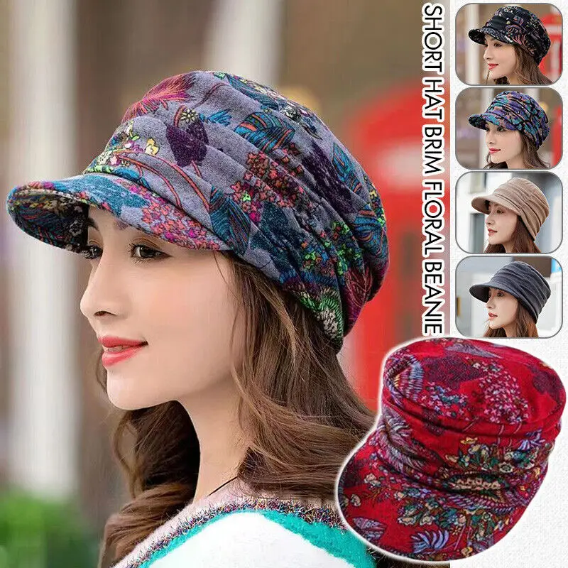 

Women Hat Short Brim Warm Windproof Foldable Earflap Cap Ethnic Style Floral Print Autumn Winter Hat Outdoor Daily Clothing