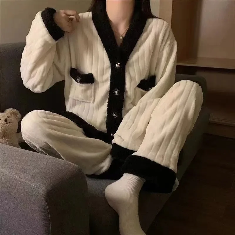 Coral Velvet Pajamas For Women in 2023 Winter Loose ins Sweet and Cute plush Thickened Flannel Winter Home Wear set Solid Color