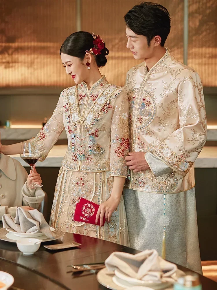 Traditional Clothing Women Xiuhe Bride Wedding Dress Chinese Top Toast Set Female Groom Tang Suit