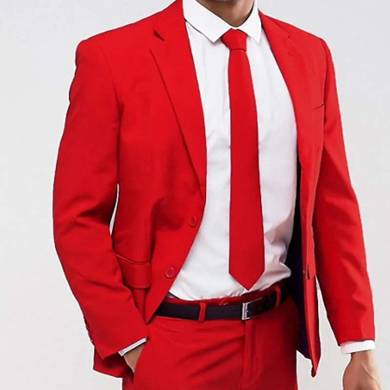 Slim Fit Red Casual Men Suit For Prom 2 Piece Wedding Tuxedo Custom Man Fashion Groomsmen Costume Jacket With Pants
