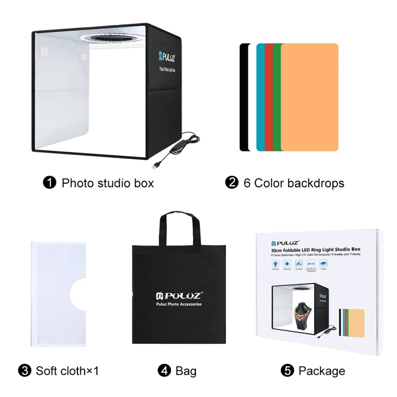 30cm Folding High 97 CRI Ring Light Photo Lighting Studio Shooting Tent Box Kit with 6 Colors Backdrops ring light