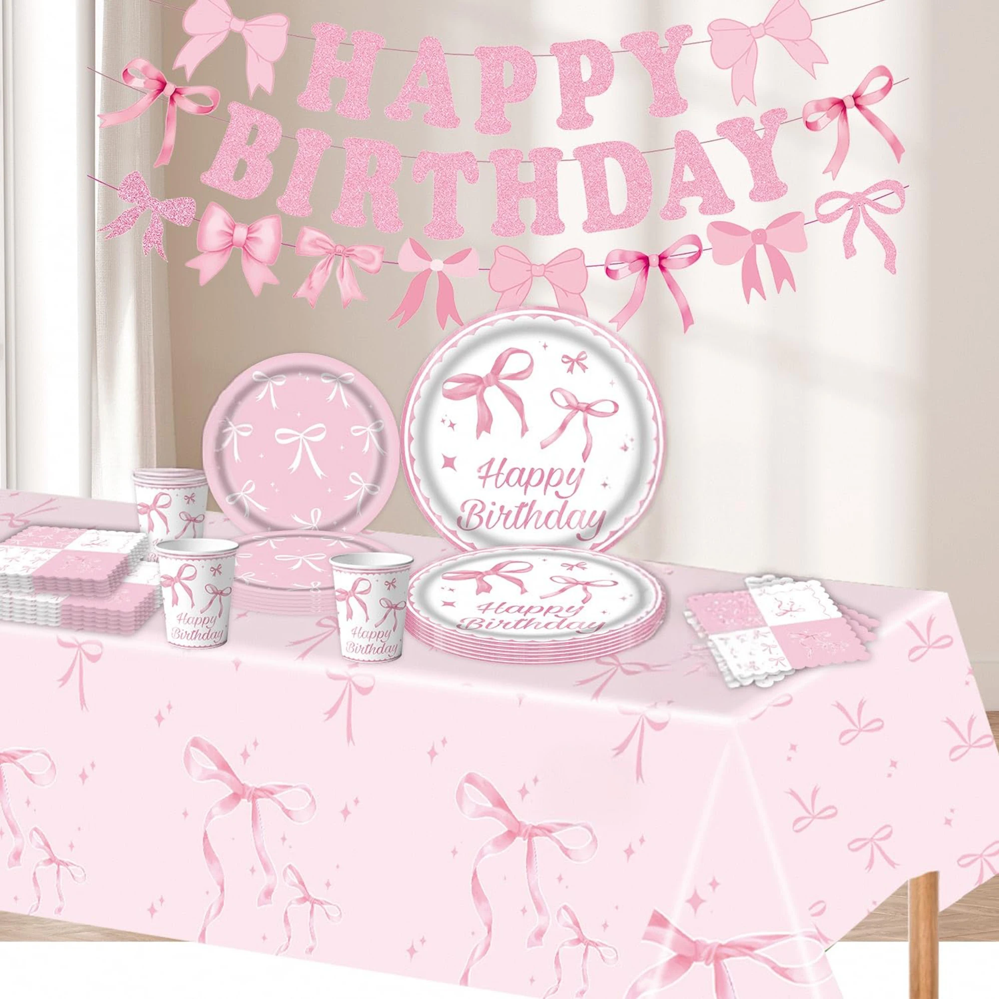 Rose Gold Party Decorations Set 100 Pcs Disposable Dinnerware and Decor for Birthday Celebration Pink Bow Theme